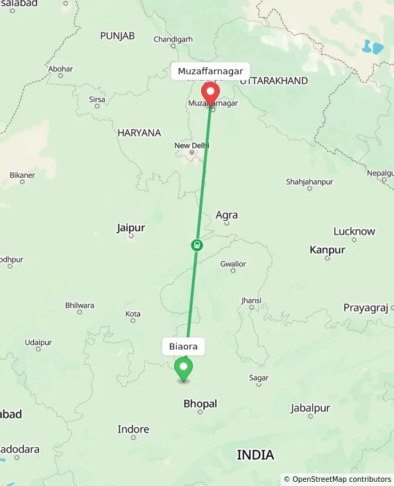 Route map showing distance and travel time from Biaora, India to Muzaffarnagar, India