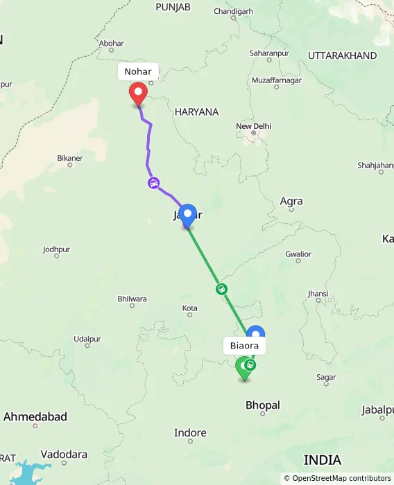 Route map showing distance and travel time from Biaora, India to Nohar, India