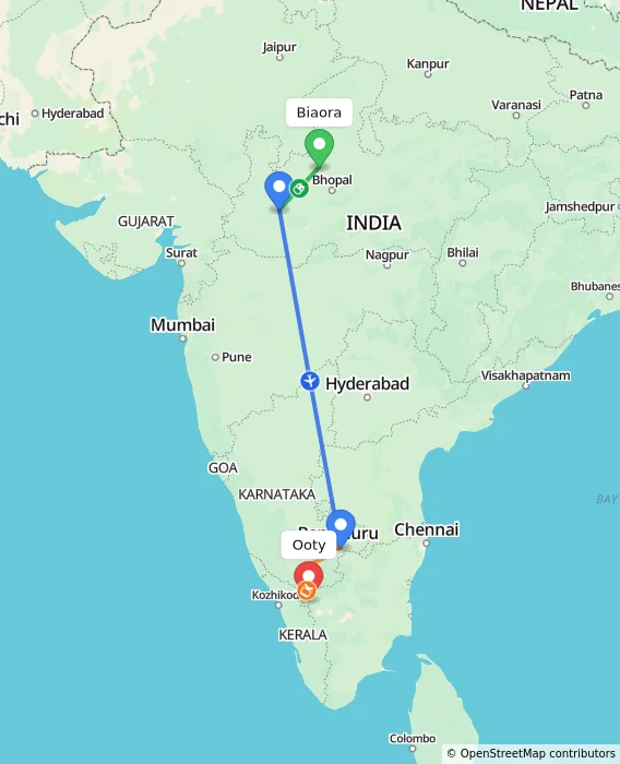 Route map showing distance and travel time from Biaora, India to Ooty, India