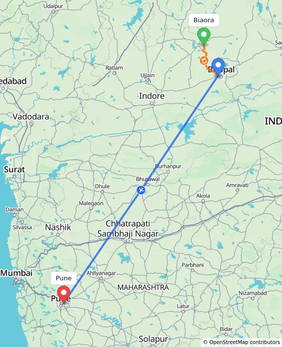 Route map showing distance and travel time from Biaora, India to Pune, India