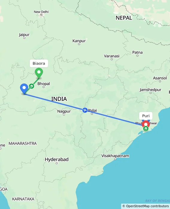 Route map showing distance and travel time from Biaora, India to Puri, India