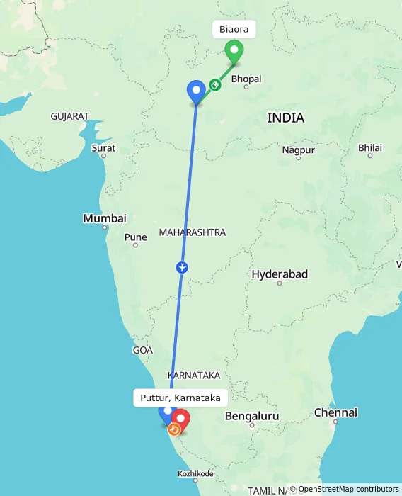 Route map showing distance and travel time from Biaora, India to Puttur, Karnataka, India
