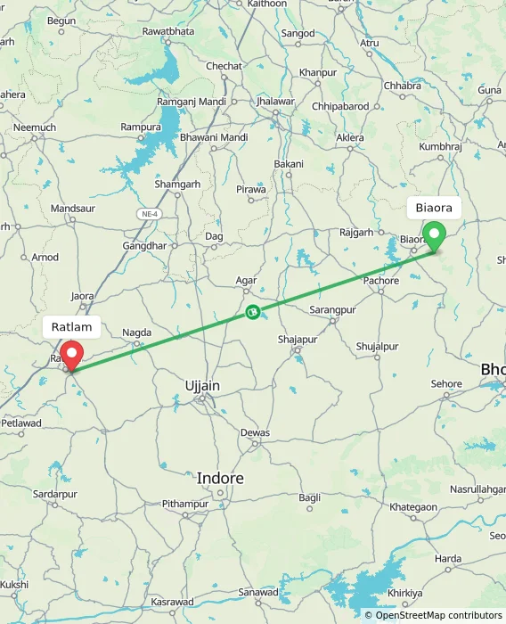 Route map showing distance and travel time from Biaora, India to Ratlam, India