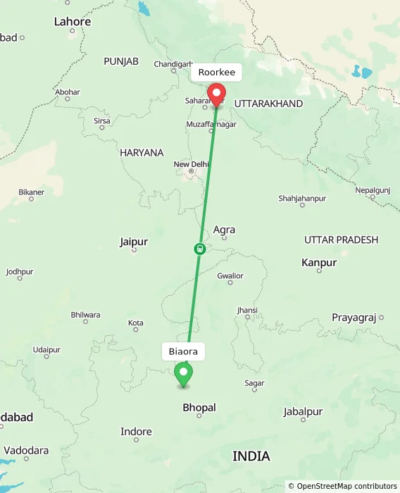 Route map showing distance and travel time from Biaora, India to Roorkee, India