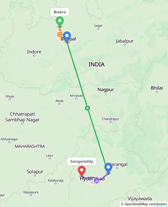Route map showing distance and travel time from Biaora, India to Sangareddy, India
