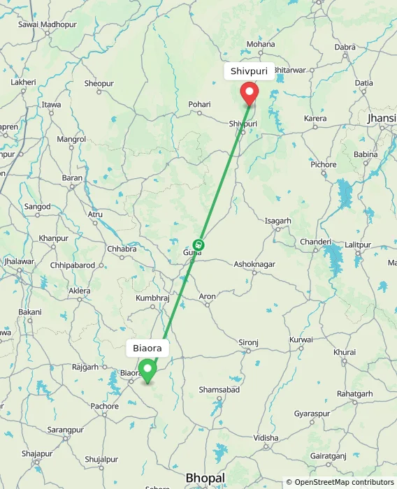 Route map showing distance and travel time from Biaora, India to Shivpuri, India