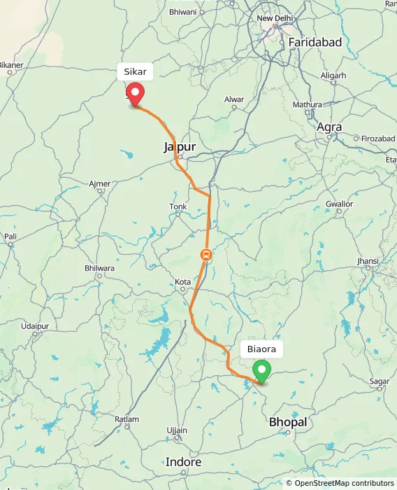 Route map showing distance and travel time from Biaora, India to Sikar, India