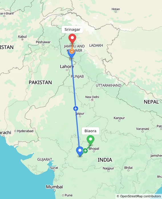 Route map showing distance and travel time from Biaora, India to Srinagar, India