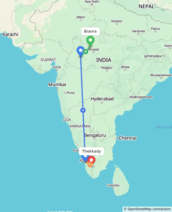 Route map showing distance and travel time from Biaora, India to Thekkady, India