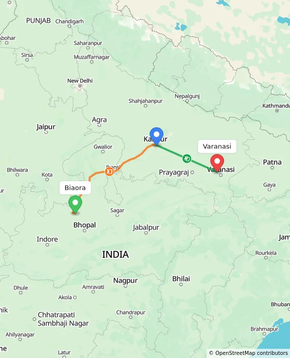 Route map showing distance and travel time from Biaora, India to Varanasi, India