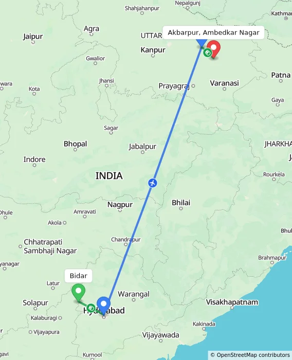 Route map showing distance and travel time from Bidar, India to Akbarpur, Ambedkar Nagar, India