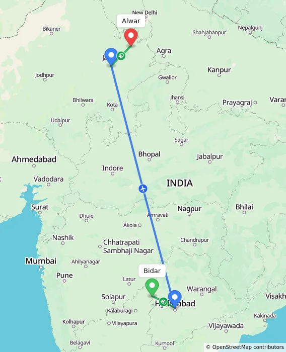Route map showing distance and travel time from Bidar, India to Alwar, India
