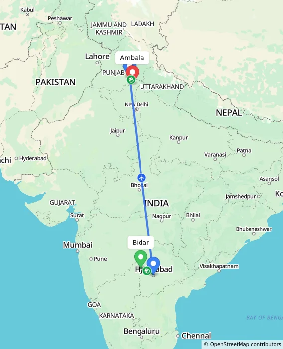 Route map showing distance and travel time from Bidar, India to Ambala, India