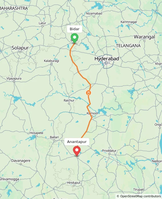 Route map showing distance and travel time from Bidar, India to Anantapur, India