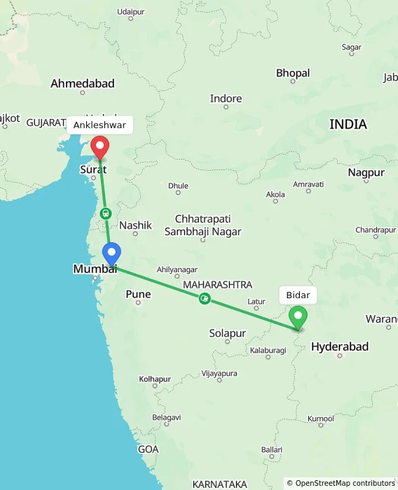 Route map showing distance and travel time from Bidar, India to Ankleshwar, India