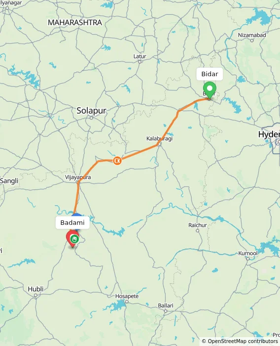 Route map showing distance and travel time from Bidar, India to Badami, India