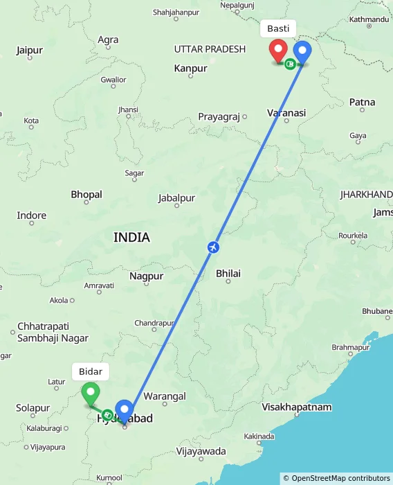 Route map showing distance and travel time from Bidar, India to Basti, India