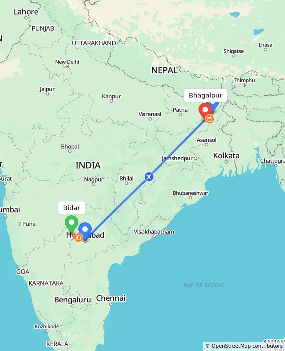 Route map showing distance and travel time from Bidar, India to Bhagalpur, India