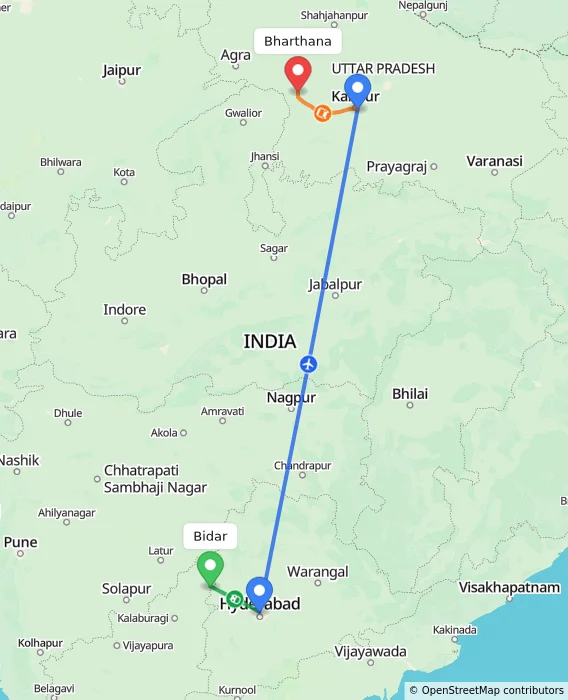 Route map showing distance and travel time from Bidar, India to Bharthana, India
