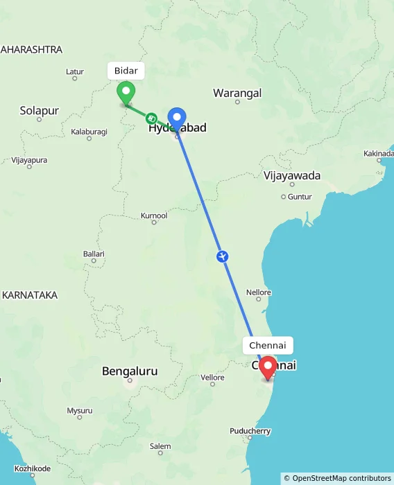 Route map showing distance and travel time from Bidar, India to Chennai, India