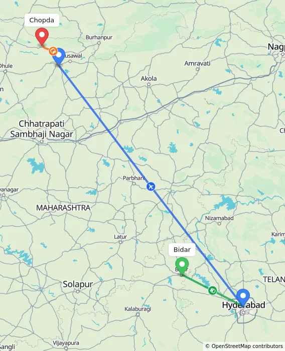 Route map showing distance and travel time from Bidar, India to Chopda, India