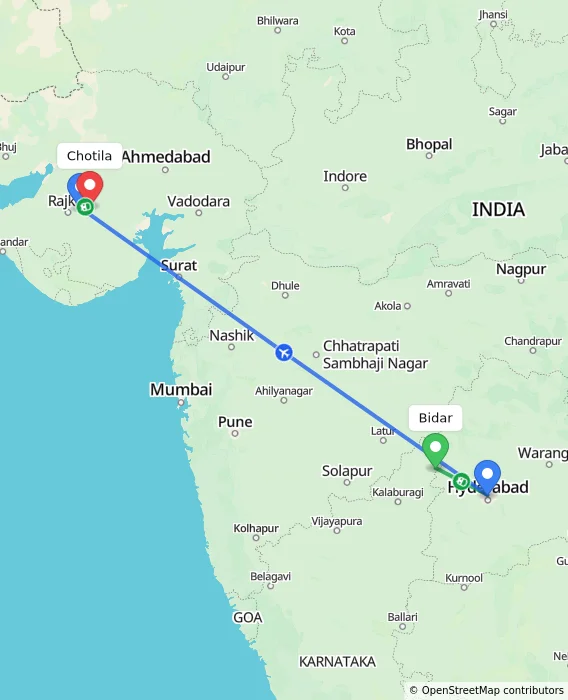 Route map showing distance and travel time from Bidar, India to Chotila, India