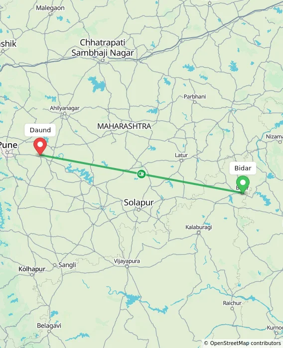 Route map showing distance and travel time from Bidar, India to Daund, India