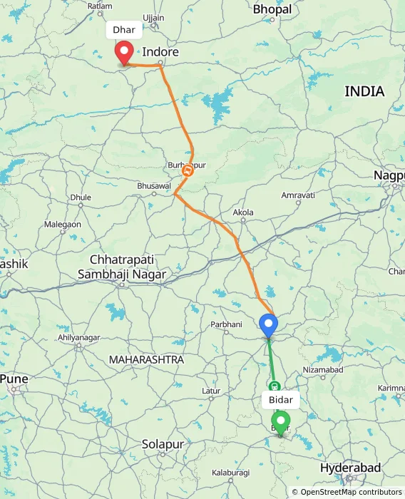 Route map showing distance and travel time from Bidar, India to Dhar, India