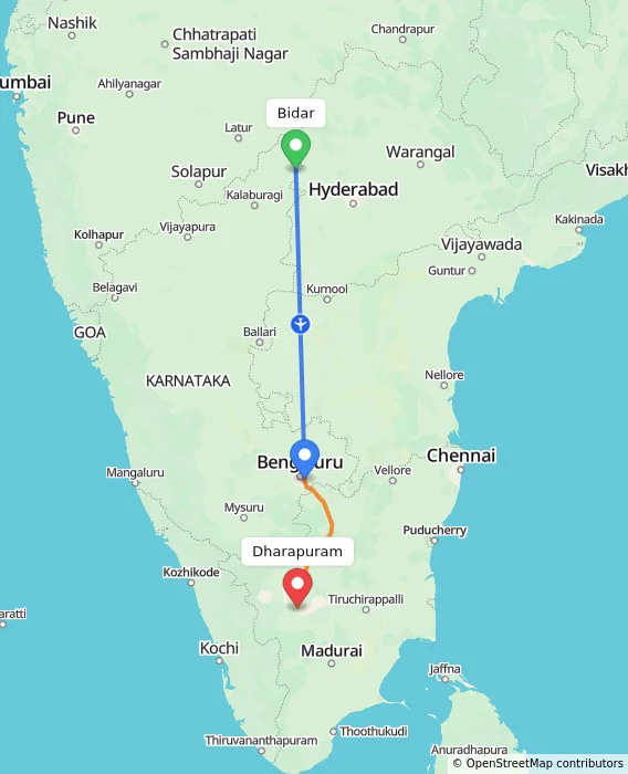 Route map showing distance and travel time from Bidar, India to Dharapuram, India