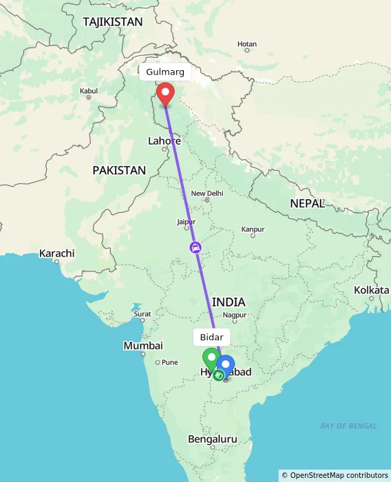 Route map showing distance and travel time from Bidar, India to Gulmarg, India