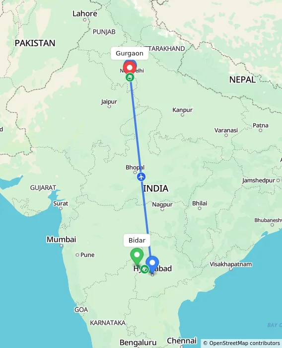 Route map showing distance and travel time from Bidar, India to Gurgaon, India