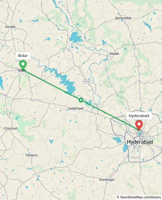 Route map showing distance and travel time from Bidar, India to Hyderabad, India