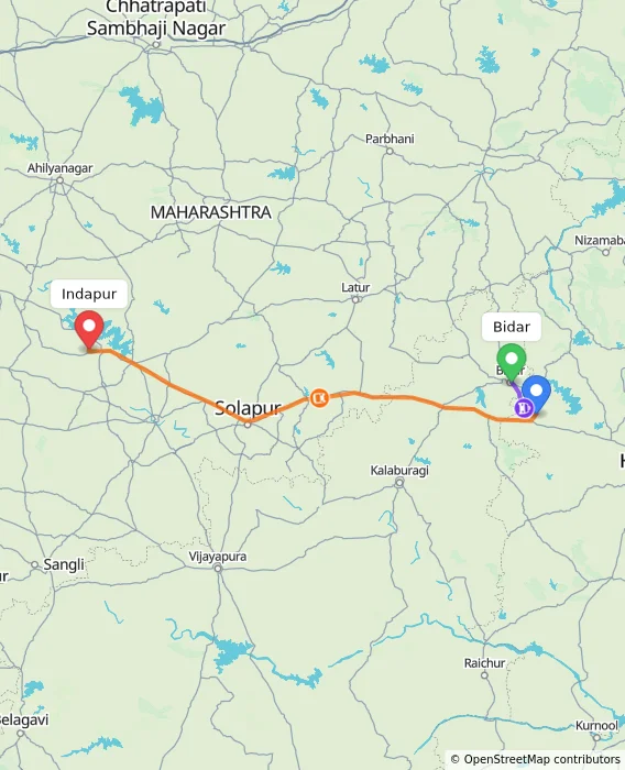 Route map showing distance and travel time from Bidar, India to Indapur, India