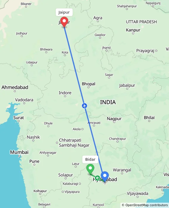 Route map showing distance and travel time from Bidar, India to Jaipur, India