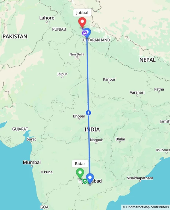Route map showing distance and travel time from Bidar, India to Jubbal, India