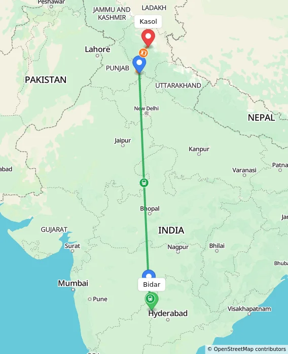 Route map showing distance and travel time from Bidar, India to Kasol, India