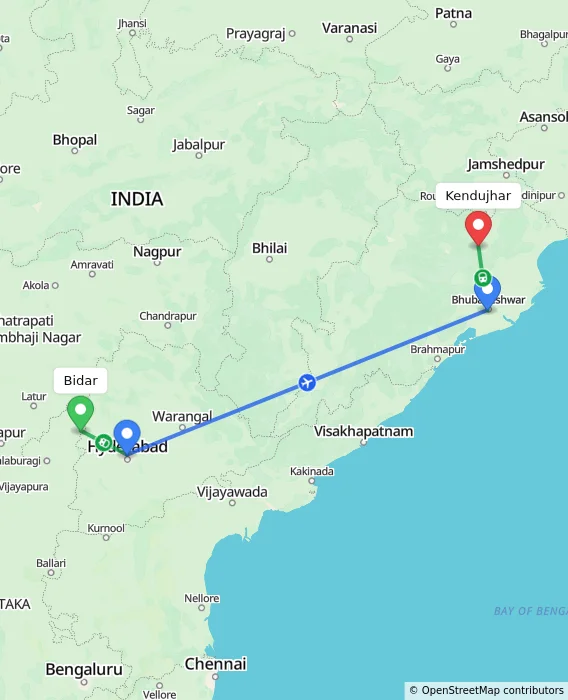 Route map showing distance and travel time from Bidar, India to Kendujhar, India
