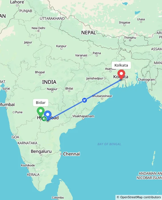 Route map showing distance and travel time from Bidar, India to Kolkata, India