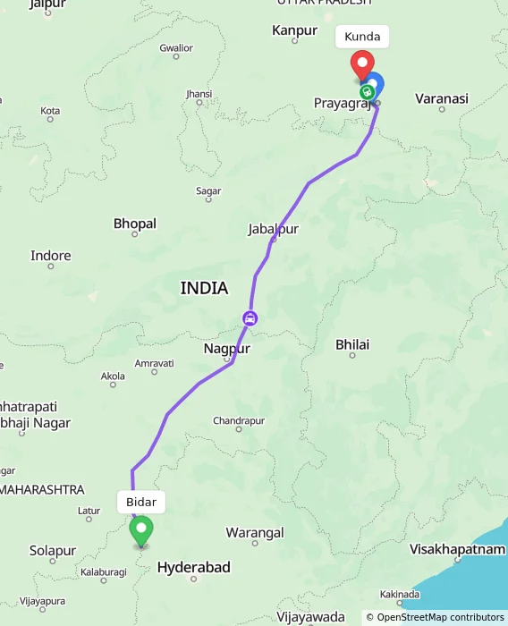 Route map showing distance and travel time from Bidar, India to Kunda, India