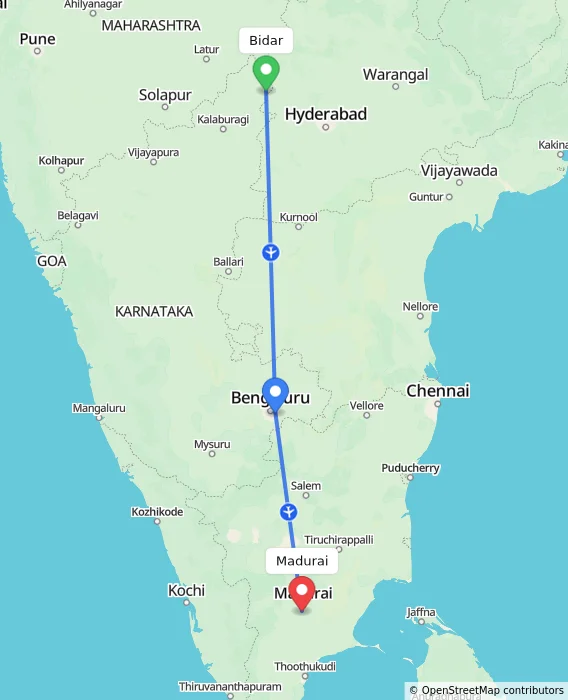Route map showing distance and travel time from Bidar, India to Madurai, India