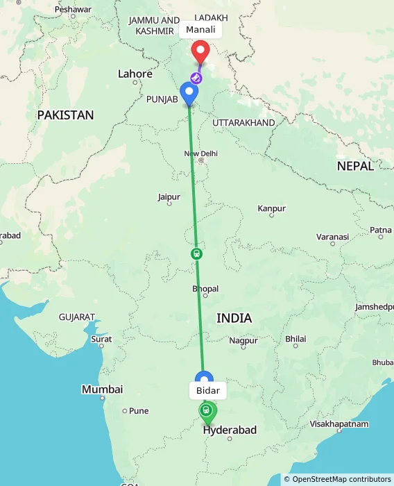 Route map showing distance and travel time from Bidar, India to Manali, India