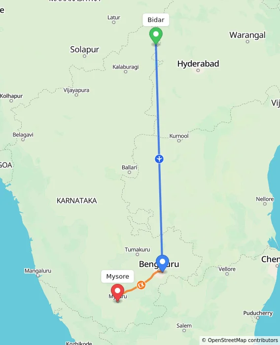 Route map showing distance and travel time from Bidar, India to Mysore, India