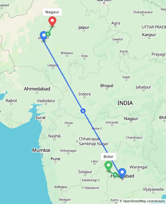 Route map showing distance and travel time from Bidar, India to Nagaur, India