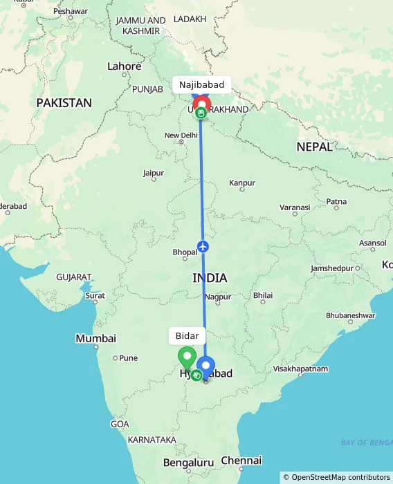 Route map showing distance and travel time from Bidar, India to Najibabad, India