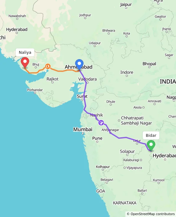 Route map showing distance and travel time from Bidar, India to Naliya, India