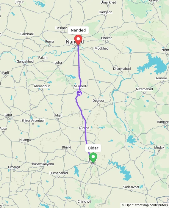 Route map showing distance and travel time from Bidar, India to Nanded, India