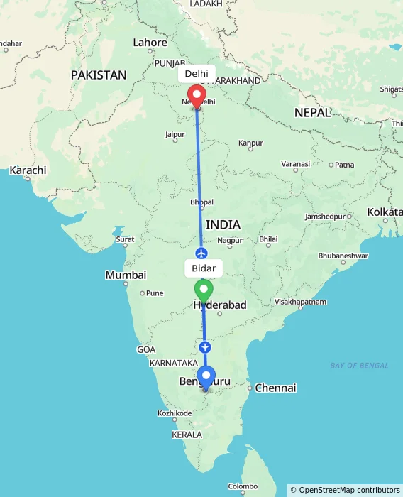 Route map showing distance and travel time from Bidar, India to Delhi, India