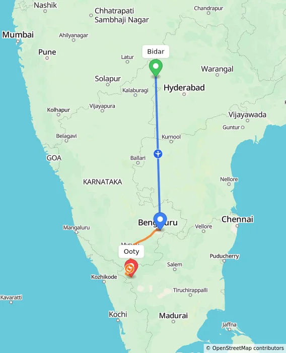 Route map showing distance and travel time from Bidar, India to Ooty, India