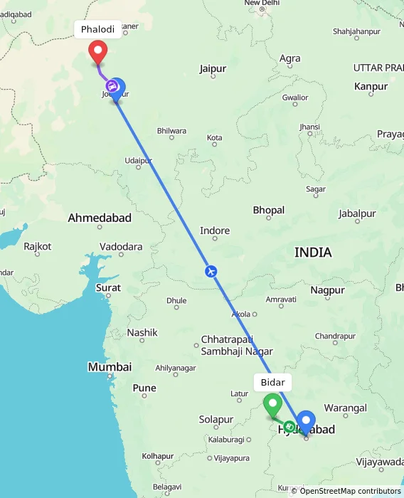 Route map showing distance and travel time from Bidar, India to Phalodi, India