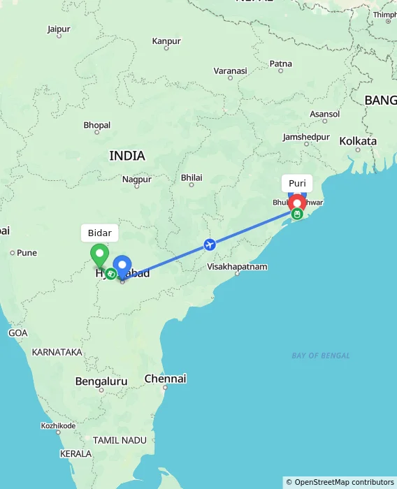 Route map showing distance and travel time from Bidar, India to Puri, India